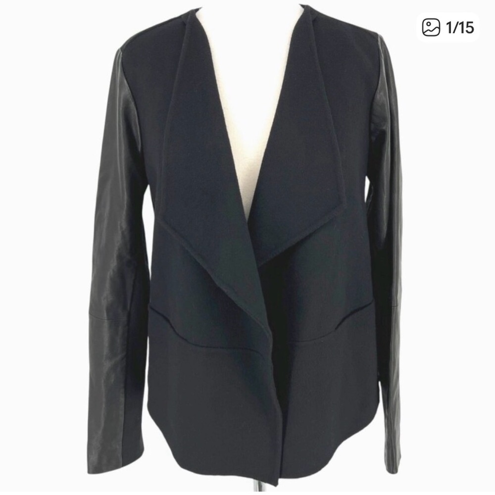 Vince Leather Sleeve Black Open Front Jacket Size Large